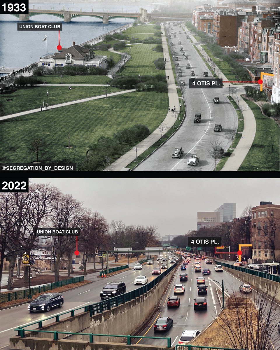 Pushed by 90% fed. financing from the '56 Hwy Bill, planners gouged highways through cities across the nation. In Boston, the Charles River Esplanade was divided from the city to provide for suburban commuters—suburbs at the time restricted to "only those of the Caucasian race."