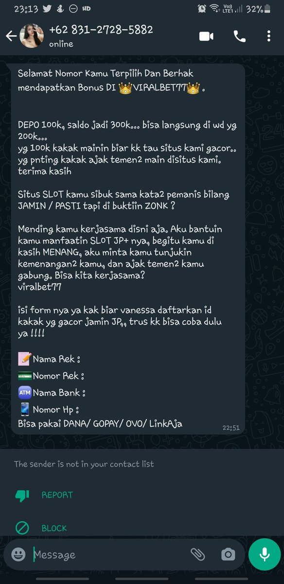aalborneva's tweet photo. Main slot online ga pernah, dpt kiriman gini.

Btw, ada yang tau ga, mereka kirim WA ini ke nomer random atau memang data gw kesebar ? https://t.co/SoY1C02J1D