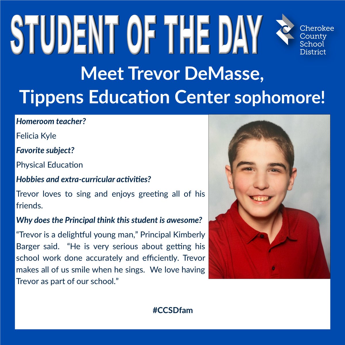 CCSD's "Student of the Day" is announced on WLJA 101.1 FM at 7:10 a.m. and 5:10 p.m. each school day, and we highlight these outstanding students here, too. #CCSDfam