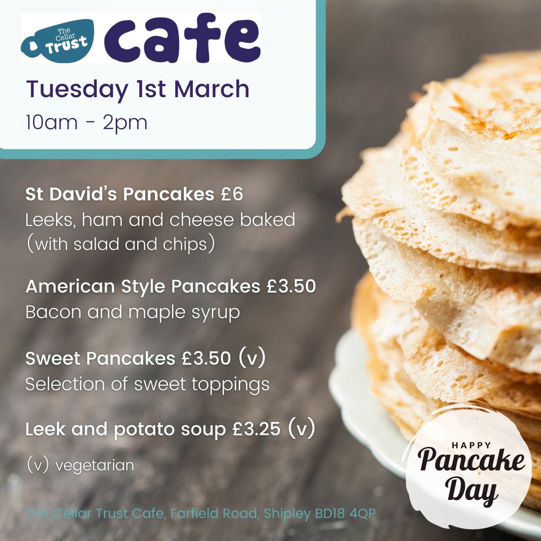 CellarTrust's tweet photo. mmmmm pancakes! π₯
Your local, community cafe has an additional special menu for you to enjoy this Pancake Day π΄
πThe Cellar Trust Cafe, Farfield Road, Shipley, BD18 4QP
#thecellartrust #shipley #saltaire #pancakeday https://t.co/PVqHNWlyZ6