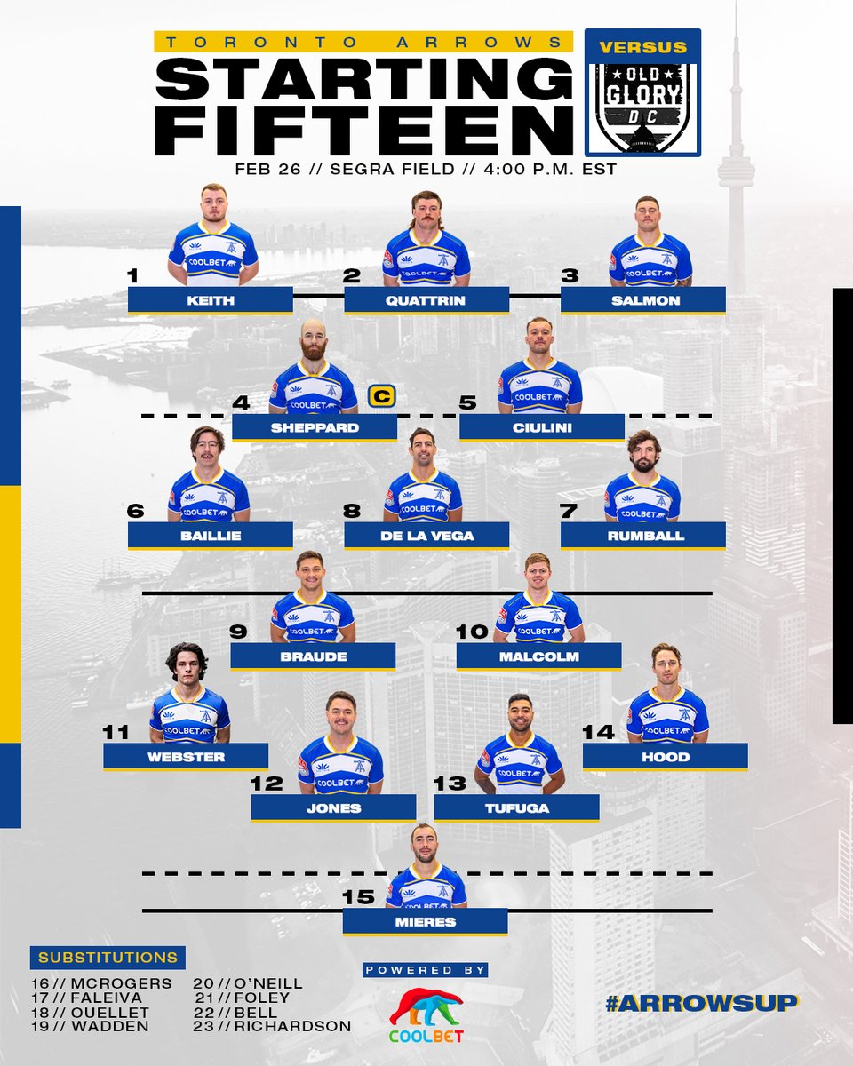 𝐖𝐄𝐄𝐊 𝟒 | 𝐋𝐈𝐍𝐄𝐔𝐏

Just one change to our starting XV ahead of tomorrow's road clash with <a href="/OldGloryDC/">Old Glory DC</a>.

Details » torontoarrows.com/news/lineup-22…

#ArrowsUp | #DCvTOR | <a href="/CoolbetCanada/">Coolbet Canada 🇨🇦</a>