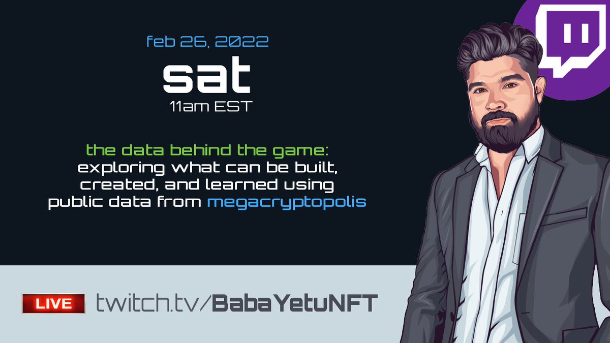 BabaYetuNFT's tweet image. Do you play @MegaCryptoPolis and wish you could do more with data to support your planning &amp;amp; operation? Let's check out some cool things you can do with data that's already publicly accessible!

📅 Sat, 2/26
⏰ 11am EST
📺 twitch.tv/BabaYetuNFT