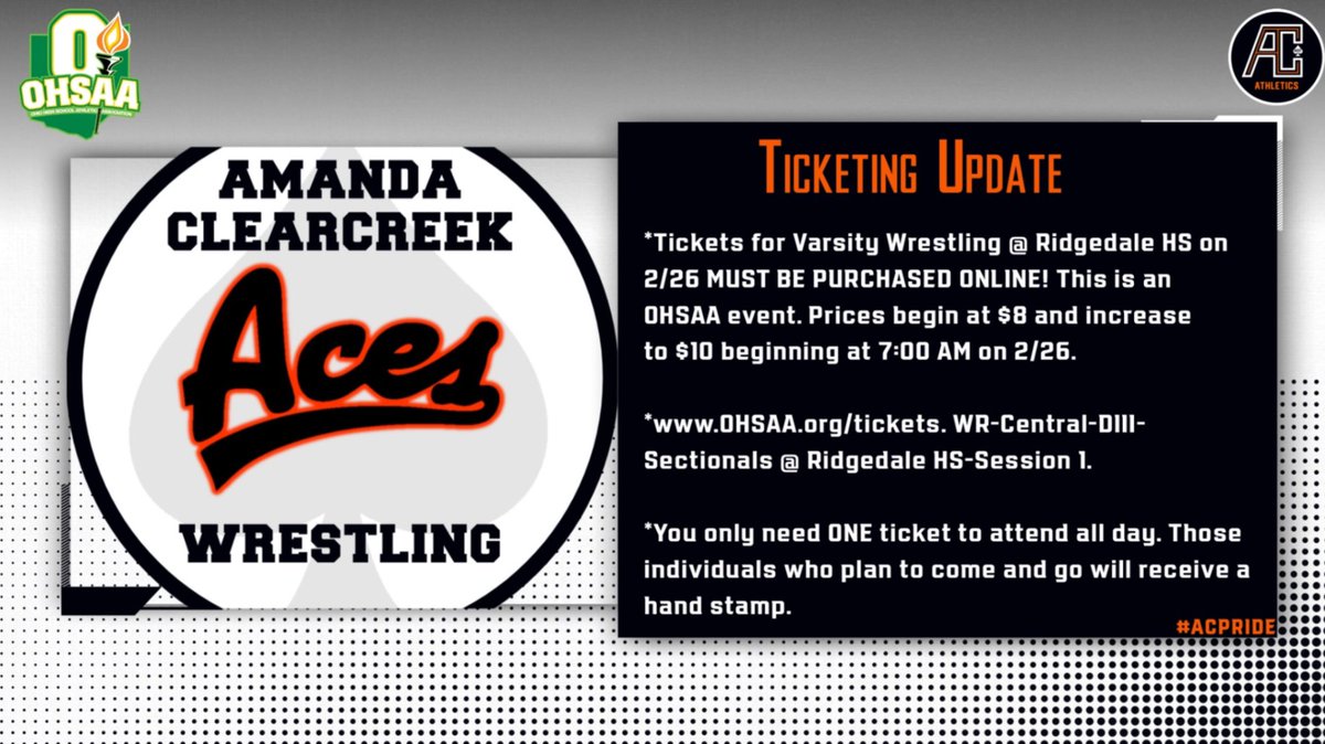 Ticketing Update | Varsity Wrestling (2/26) @ Ridgedale HS ♠️

<a href="/AC_Wrestling1/">Amanda-Clearcreek Wrestling</a>