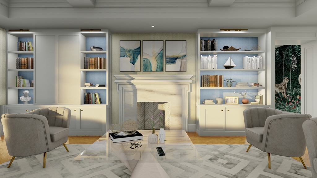 Rendering of our Upper East Side NYC Apartment renovation. Custom flanking bookcases frame the classic marble fireplace in this Landmark Madison Avenue Apartment. 

Interior Designer @saragilbaneinteriors