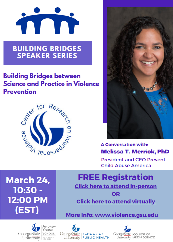 CRIV_GSU's tweet photo. CRIV Community! 
We are hosting our first Building Bridges Speaker Series. A Conversation with: Melissa T. Merrick, PhD President and CEO Prevent Child Abuse America. Please be sure to register via Eventbrite. Hope to see you there! https://t.co/h5KDDqVZG9