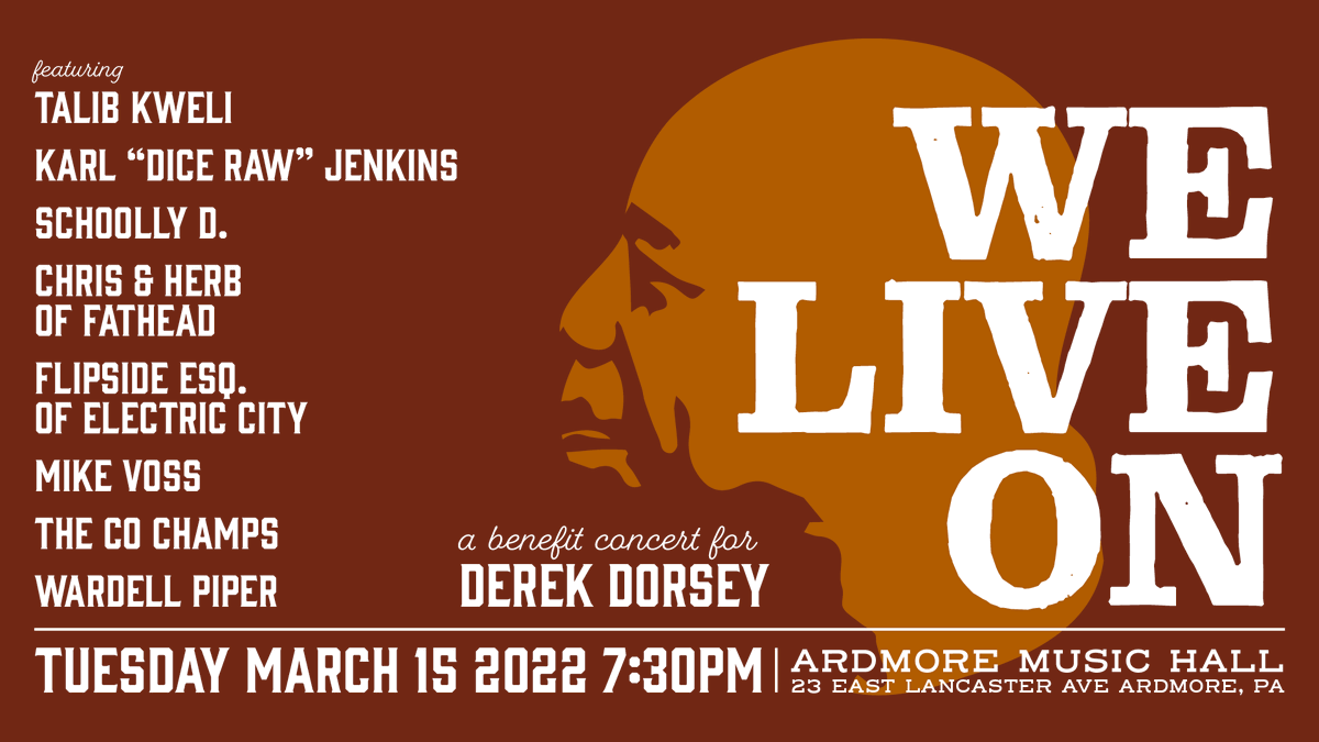 WardellPiper's tweet photo. Join me &amp; other artist, March 15 @ Ardmore Music Hall for We Live On – a benefit concert for longtime Philly music promoter, Derek Dorsey. All proceeds go to his medical funds and foundation, "We Live On," which serves individuals and families who are facing medical adversity. https://t.co/m75nmL7SzH
