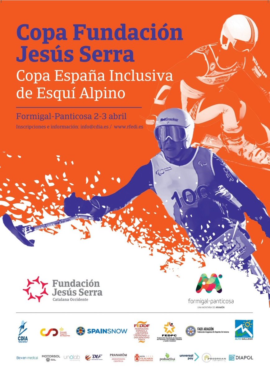 La Copa de 🇪🇸 inclusiva @FundJesusSerra de esquí alpino cerrará el circuito de la presente temporada en <a href="/AramonFormigal/">FORMIGAL (Aramon)</a> 

La competición es un referente a nivel nacional y fomenta la convivencia de deportistas con y sin discapacidad

📆 2 y 3 abril
👉🏻 Inscripciones info@cdia.es