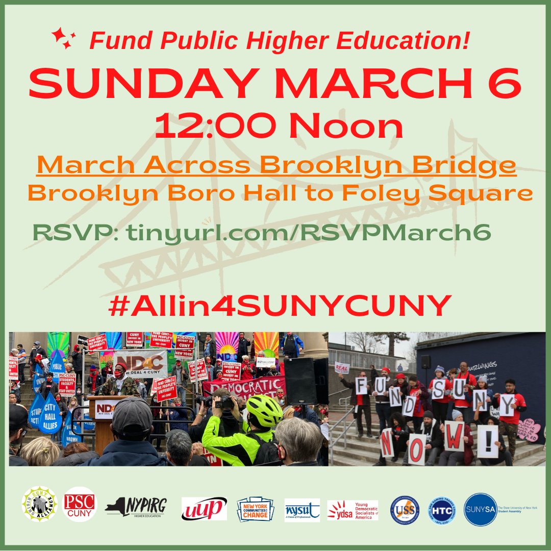 HunterNYPIRG's tweet photo. It's time to fund higher education! Join our #Allin4SUNYCUNY march across the Brooklyn Bridge on 3/6 at 12PM! 👢📣🏫 Advocate for fully funded higher education in New York state on March 6th. RSVP at the link in our bio! ⬆️⬆️
#allinforcuny #heaw #highereducation #nypirg https://t.co/8tk4ffjCdp