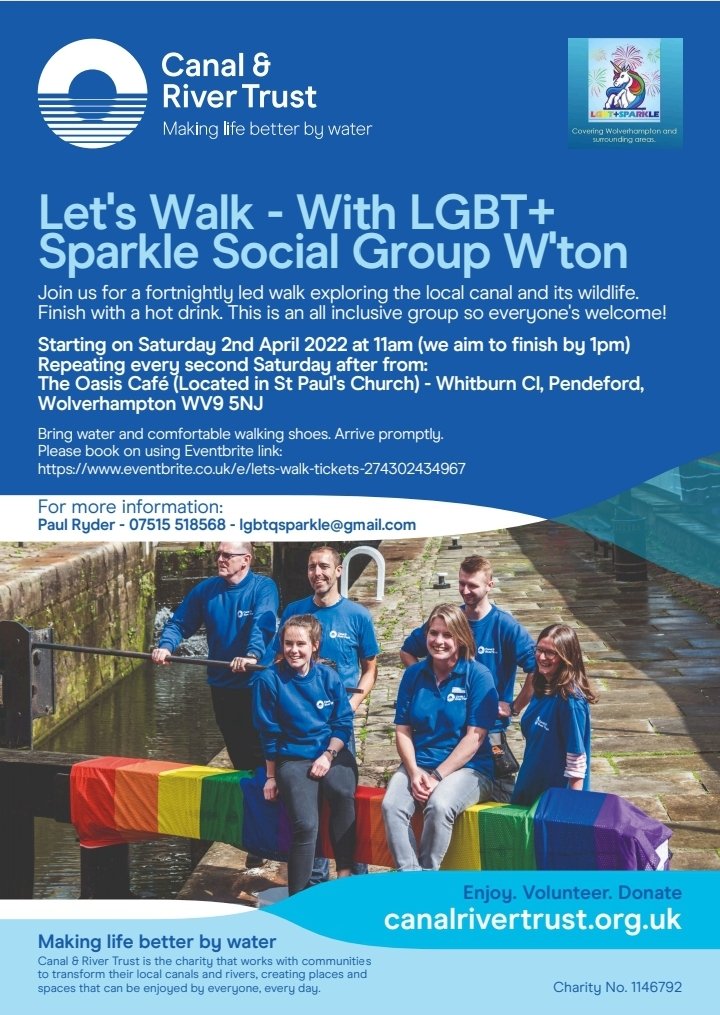 run_taz's tweet photo. New Walk Group Starting on Sat 2nd April with @CRTWestMidlands & @SparkleLgbt Social Group Wolverhampton
Please book on using link below each time you plan on attending:
https://t.co/UULloAKYjQ
@birminghamcg22
#gettingamesready
@CanalRiverTrust
#letswalk
#lifesbetterbywater https://t.co/DP2QHxd8YY