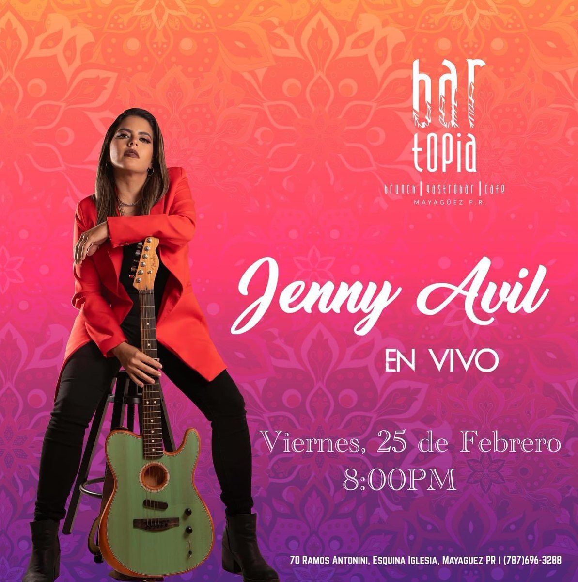 BartopiaMaya's tweet photo. 🕴🏻Los viernes en Bartopia son de música en vivo🎤✨

Música en Vivo por: @Jenny Avil✨

Ven a pasarla bien! Hoy es viernes y te lo mereces🍻

📍Calle Ramos Antonini 70 Esquina Iglesia
Mayaguez, PR 00680

☎️787-696-3288

#jointheexperience https://t.co/V2NuyukwZS