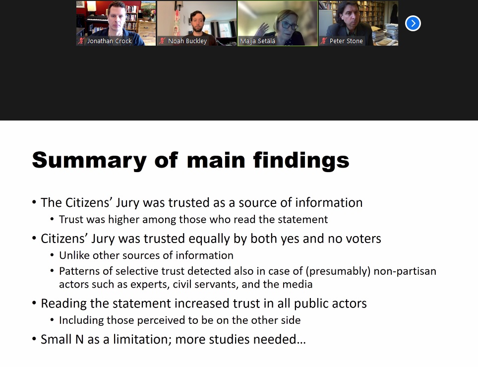 JonathanCrock's tweet photo. Great talk by Dr Maija Setälä @maija_setala, University of Turku @UniTurku, on "How can deliberative mini-publics address problems of direct democracy?" @tcddublin @TCDPoliticalSci #Minipublics #CitizensJury #DeliberativeWave https://t.co/GsE1iAdMYR