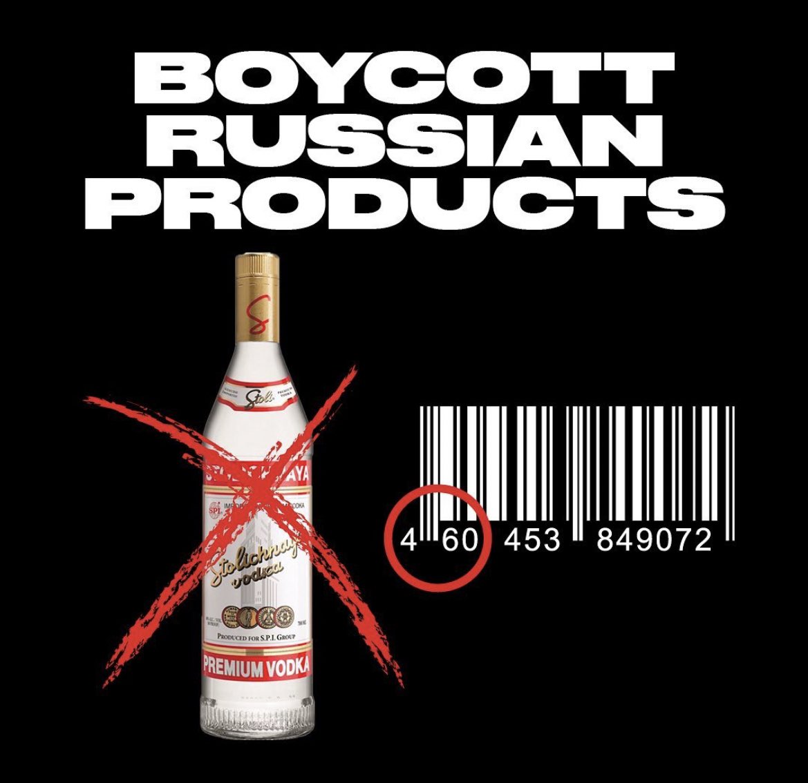 ZoryaLondonsk's tweet image. Stop buying Russian made vodka:

Stolychnaya
Green Mark
Russian Standard

If you want to check whether anything else is from Russia (and as such pays into RU economy if purchased) look for 460 on the barcode