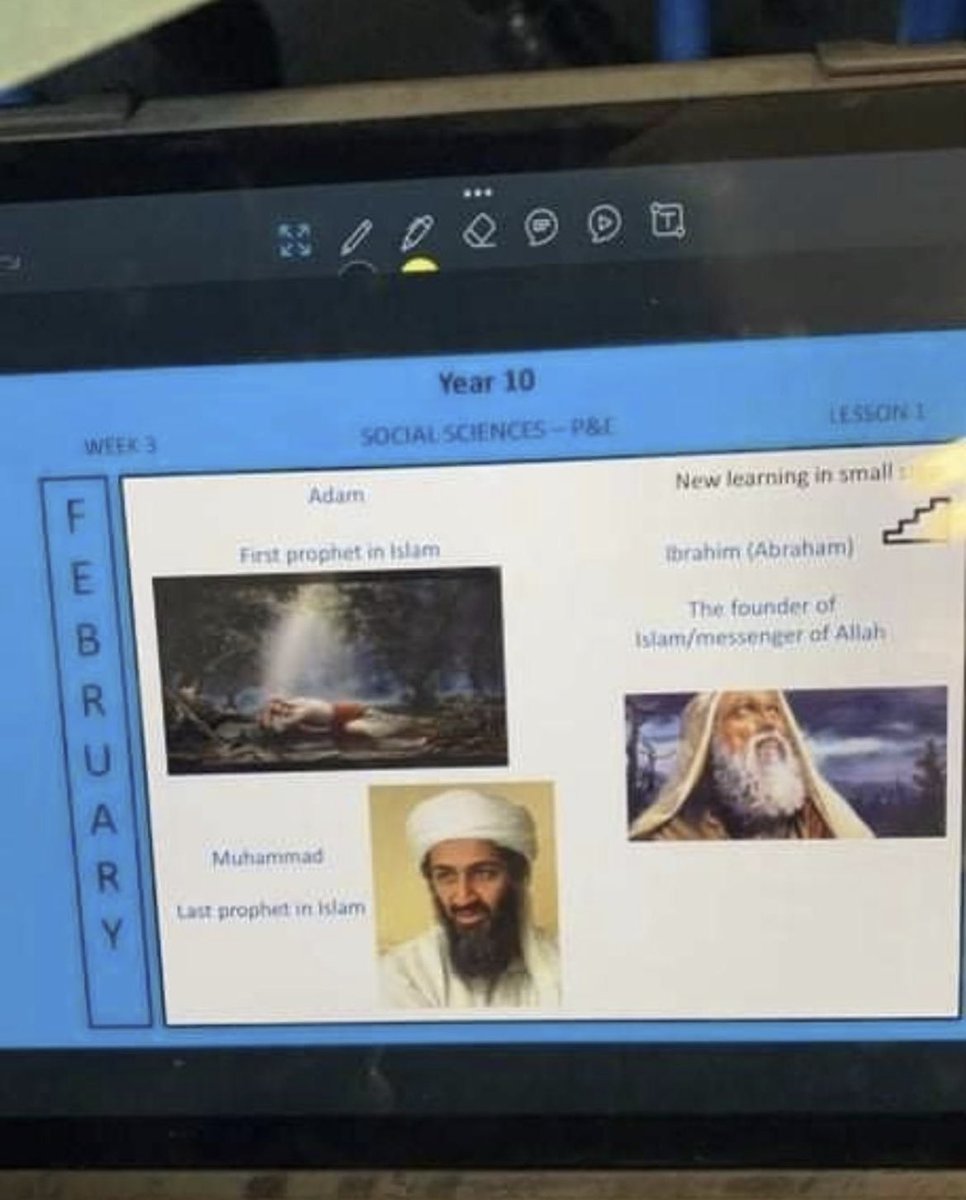 Hello <a href="/asadunstable/">All Saints Academy Dunstable</a>,

This presentation slide from a Year 10 R.E. class depicting Osama bin Laden (founder of Al Qaeda) as the Prophet Muhammad (the revered and beloved Prophet of Islam) was allegedly from your school.

Please confirm at your earliest convenience.