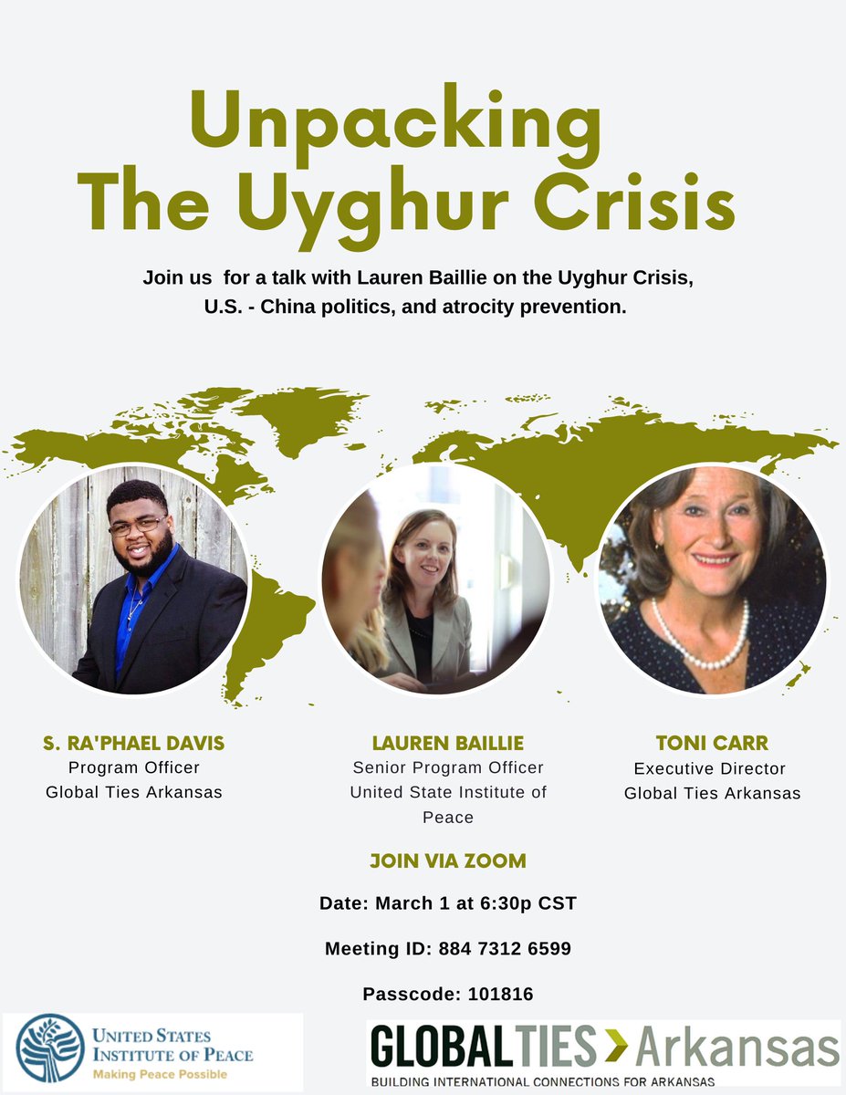 Excited to be back for this conversation with atrocity prevention expert Lauren Baillie for a conversation on the Uyghur Crisis. This talk comes from a partnership between @globaltiesar and @usip. I hope you'll join!