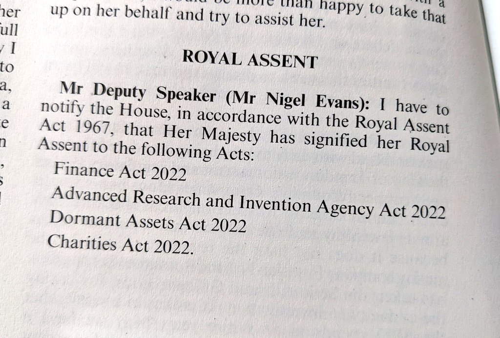 It was announced by the Deputy Speaker in the <a href="/HouseofCommons/">UK House of Commons</a> yesterday that Her Majesty has given her assent to both the Charities and Dormant Assets Bills - thereby turning them into Acts/ Law. 
Thank you to everyone involved in making these two important Acts happen.