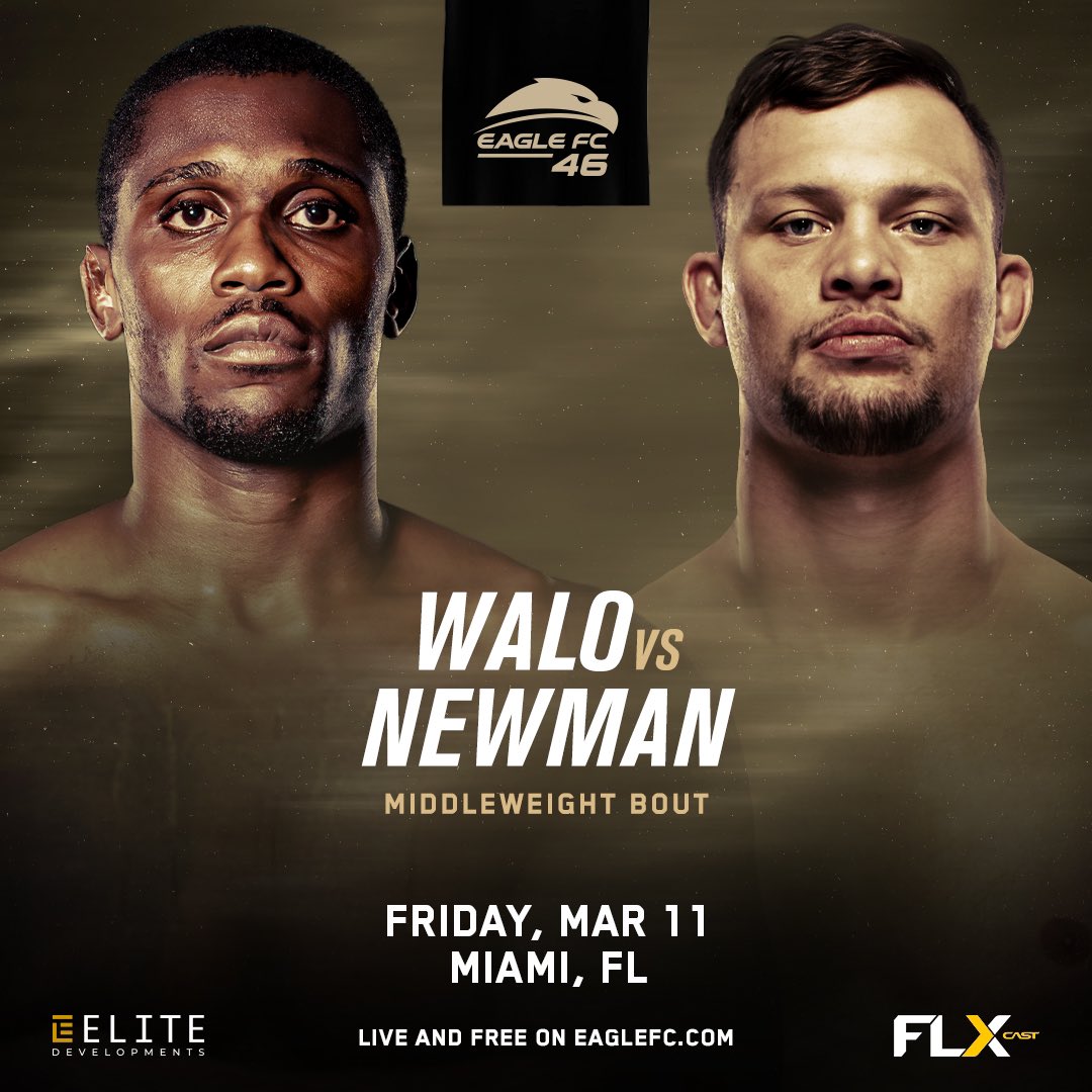 𝐌𝐈𝐃𝐃𝐋𝐄𝐖𝐄𝐈𝐆𝐇𝐓𝐒! 👊 🇺🇸 Emmanuel Walo vs. Ryder Newman 🇺🇸 Walo is a former welterweight champion 🏆 Newman won his last fight in 22 seconds ⏰ Who are you siding with?! 👀 #EagleFC46: Lee vs. Sanchez | Friday March 11 | LIVE and FREE on @EagleOnFLX
