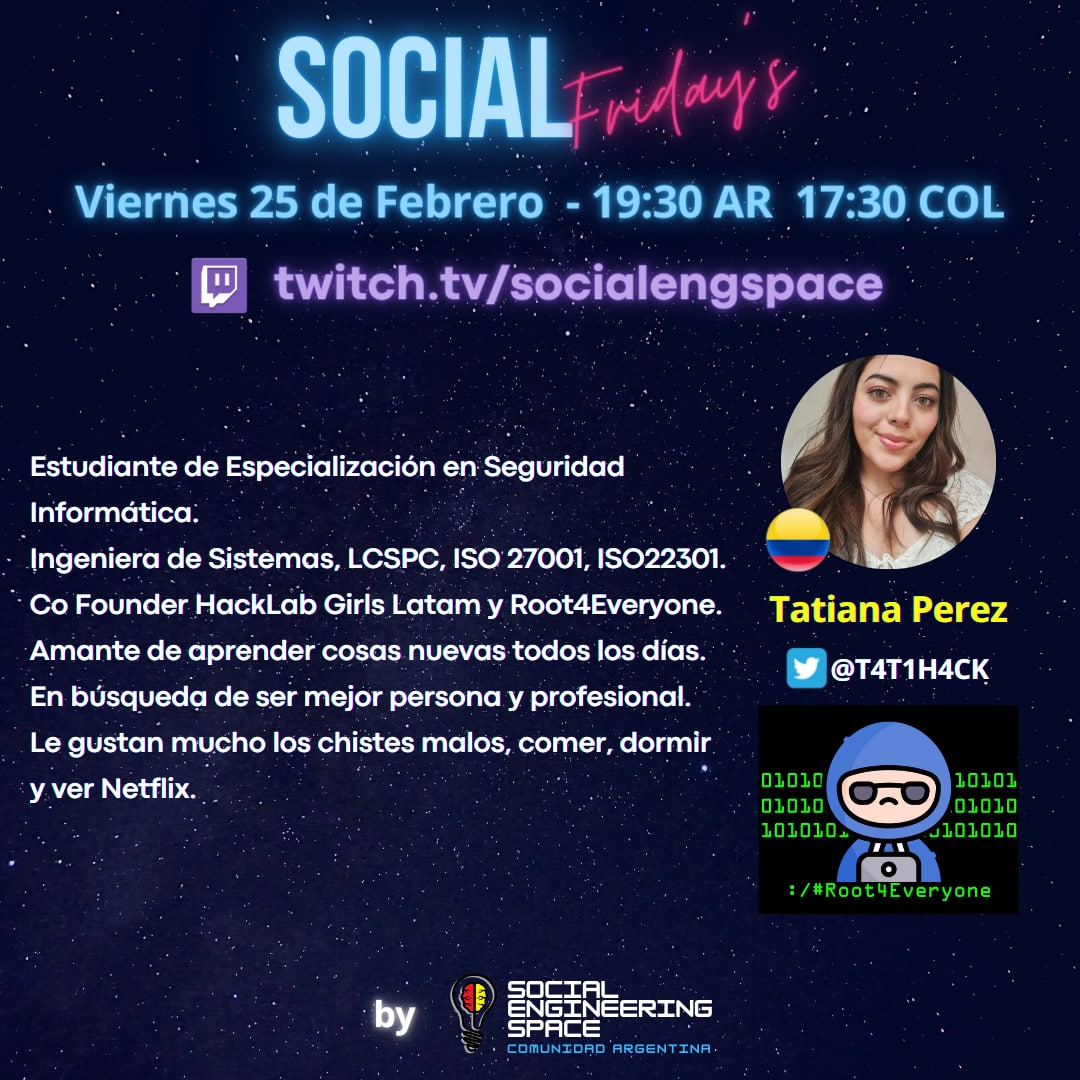 SocialEngCommu's tweet photo. Recibimos por primera vez en el #SocialFridays a @T4T1H4CK π¨π΄ de la comunidad #Root4Everyone a los cuales agradecemos que hayan aceptado nuestra invitacion.
Muchas gracias π
#comunidadesIT https://t.co/epENUyrw5P