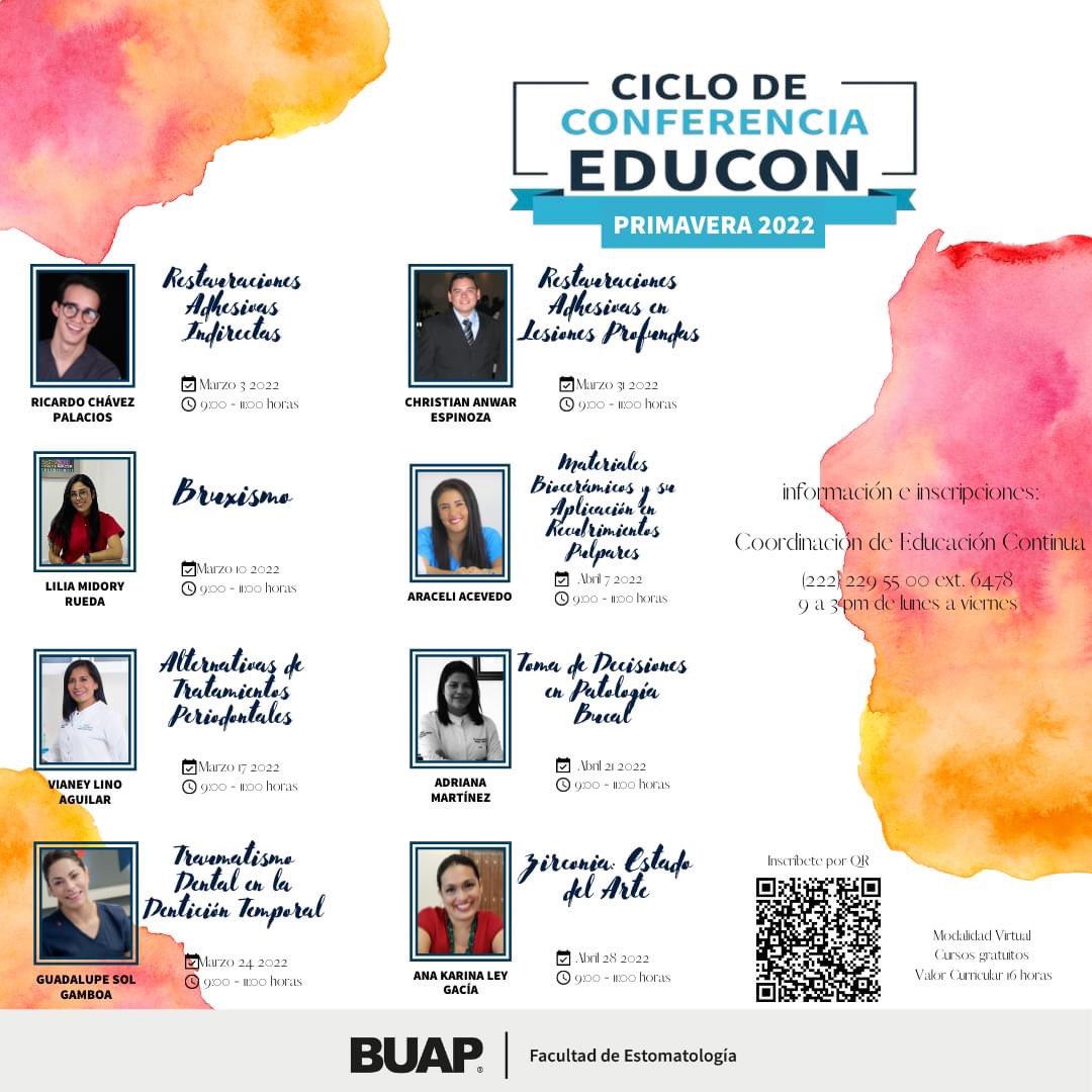 FEstomaBUAP's tweet photo. La Coordinación de Educación Continua de la #FEBUAP te invita al Ciclo de Conferencias EDUCON primavera 2022, el cual se realizará en modalidad en linea y de forma gratuita con cupo ilimitado.
Regístrate ahora 👉 https://t.co/t4fOiRPTPM https://t.co/cJ84firkft