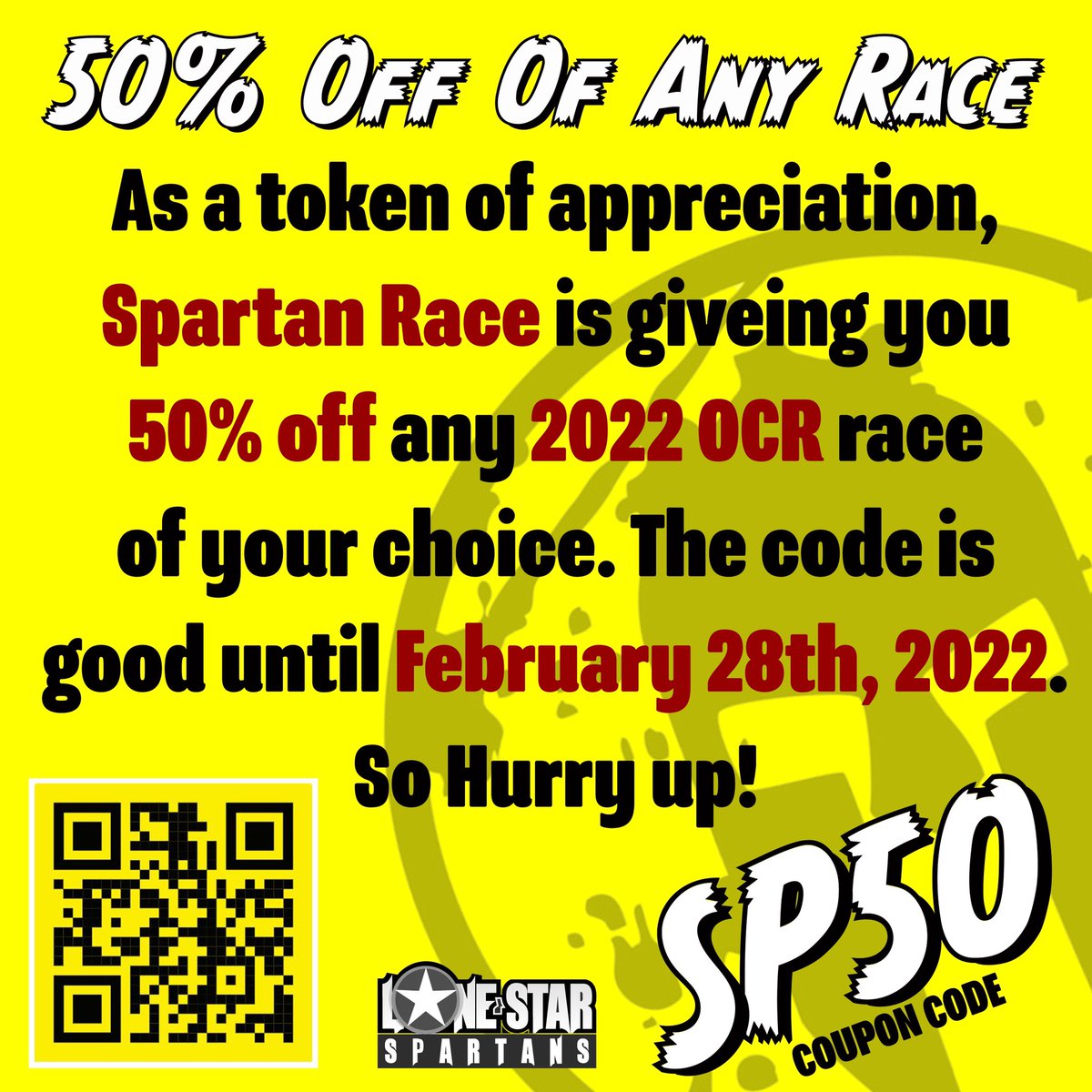 LSSOCR's tweet image. If you haven't registered for a Spartan Races yet, now might be the time. Thanks to the cancelled South Padre race,, they have given a FIFTY PERCENT OFF code!!