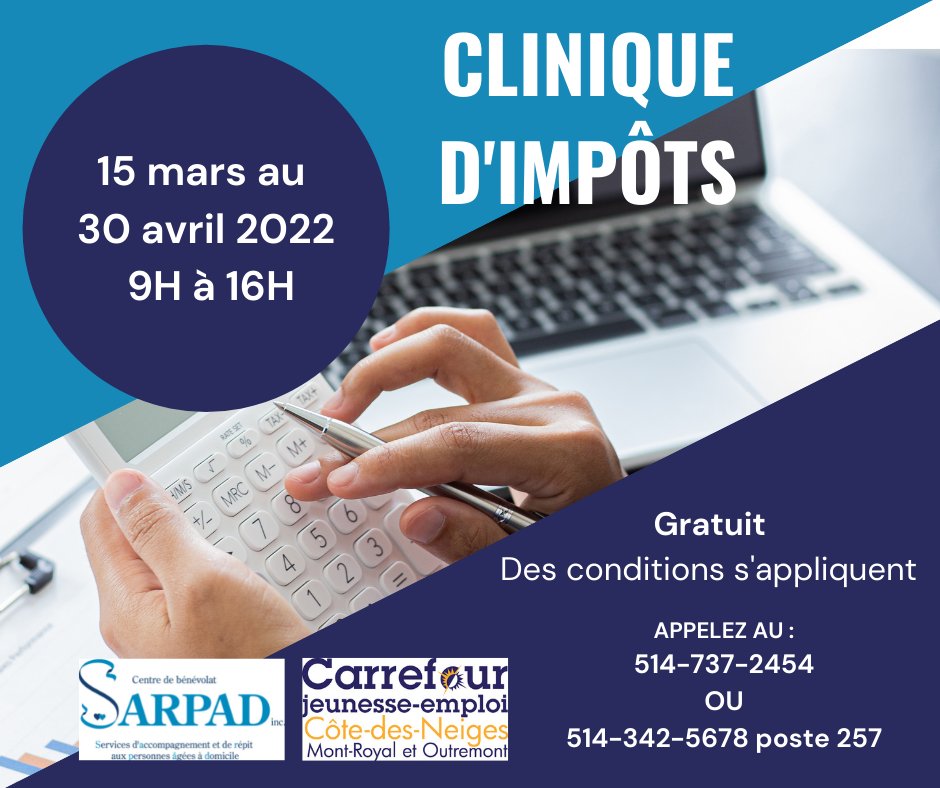 La Clinique des impôts est de retour au CJE de Côte-des-Neiges ! 

Des critères d’admissibilité s'appliquent, pour en savoir plus, visitez notre page web : cjecdn.qc.ca/clinique-dimpo…

* Seuil maximum de 35 000 $/an pour une personne seule ou 45 000$/an pour un couple.

#Impôts