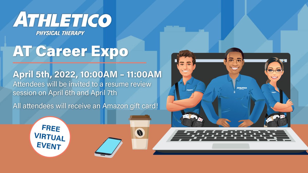 Athletico's tweet photo. If you are a current #AthleticTraining student or thinking about a career path in the AT industry, we invite you to tune in for our virtual #ATCareerExpo on April 5th! To learn more or to register, visit - https://t.co/xa9rRMT9Hq https://t.co/U2311xOlv4