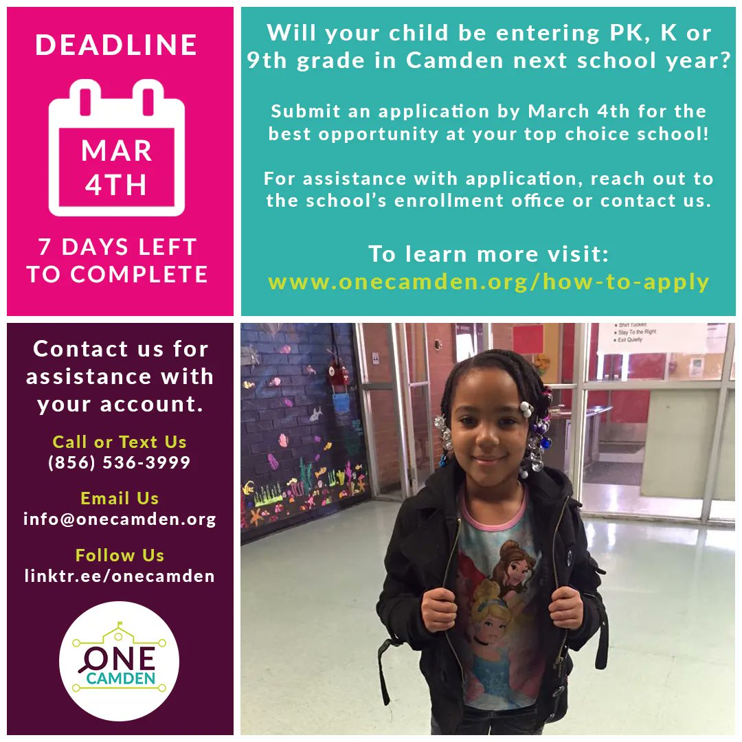one_camden's tweet photo. Parents with students entering grades PK, K and 9th in the SY 2022-23 can apply now through Mar 4th! 

7 DAYS LEFT TO COMPLETE!

Visit: https://t.co/FcVqDD3bIU

For support, contact your school or feel free to contact us.

Call/Text: 856-536-3999
Email: info@onecamden.org https://t.co/SuJT334iUu