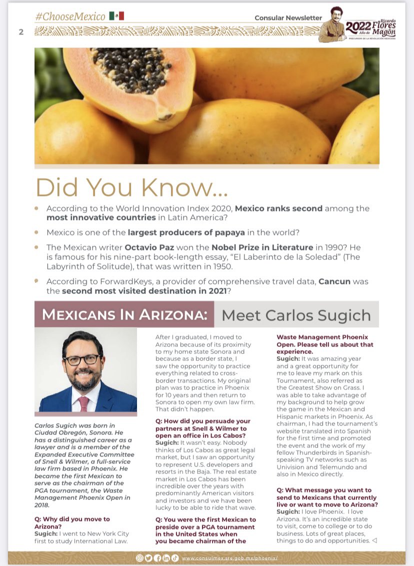 ConsulMexPho's tweet photo. Check out the 2๏ธโฃ new sections in the #ConsularNewsletterโคต๏ธ
๐ค#MexicansInArizona presents the successful testimony of ๐ฒ๐ฝ lawyer Carlos Sugich.
๐ด#AmericansInMexico highlights the experience of Summer, who decided to relocate in #LaPaz ๐ฒ๐ฝ.
Enjoy itโผ๏ธ
๐: https://t.co/C4uliXCKxe https://t.co/Krvhr7GTxi