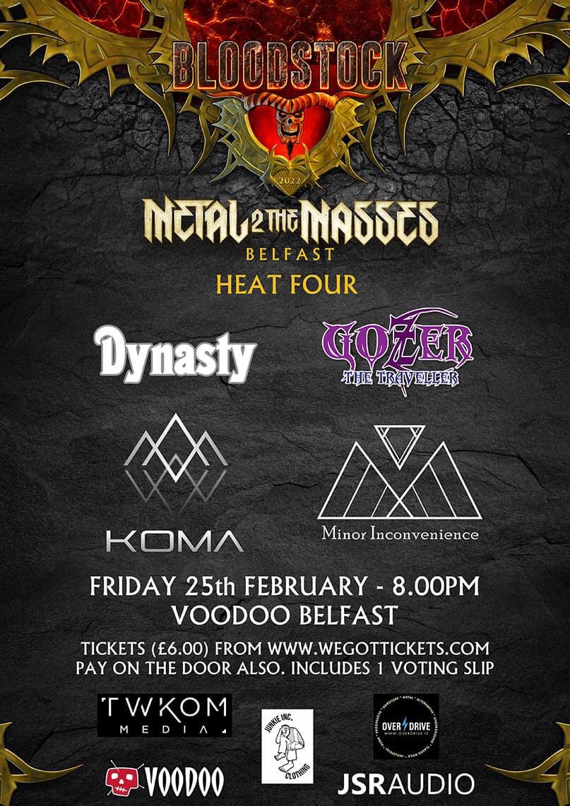 **FINAL CALL FOR TONIGHT!! METAL 2 THE MASSES NI - HEAT 4.**
Tickets are now off sale and you can pay on the door - £6.00. Slight change to announce too. TWO bands will qualify from tonight's heat as FALLING THROUGH can now switch to Heat 5 on the 11th March.