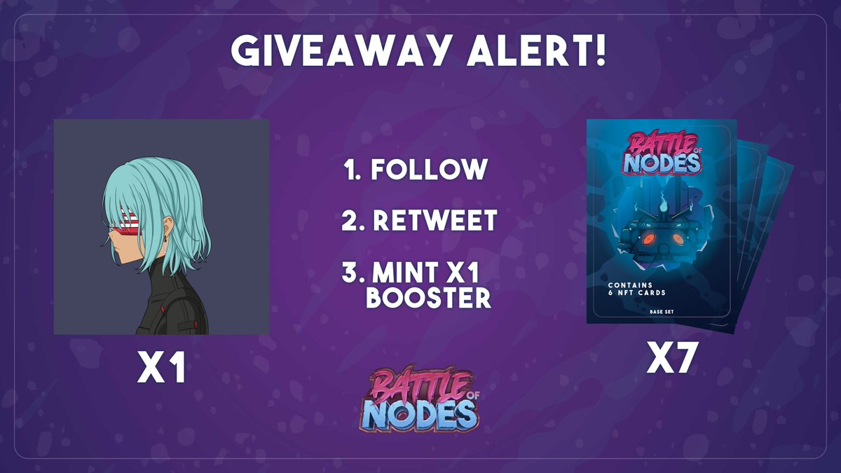 BattleOfNodeNFT's tweet photo. 🚨 Giveaway Alert 🚨 

To celebrate our Booster Pack minting, we are giving away a Drifter and 7 Booster packs to 3 lucky minters!

To participate

🔹 Follow
🔹 RT this post 
🔹 Mint a NFT Booster Pack 
 
🥇 One Drifter &amp; 2 Boosters
🥈 3 Boosters
🥉 2 Boosters

Mint Site👇 https://t.co/akcnj4IVl3