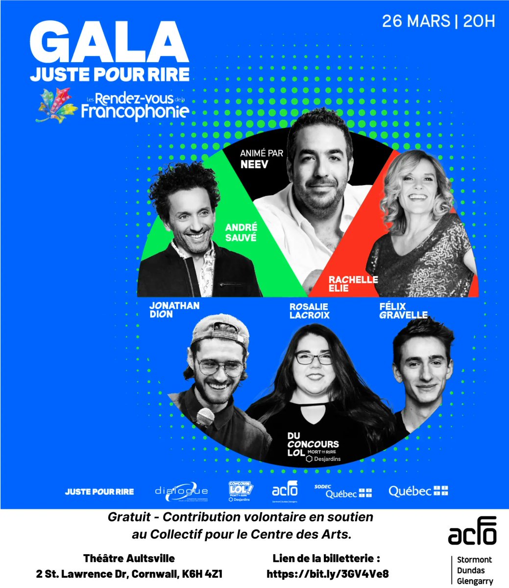 ACFOSDGofficiel's tweet photo. Les Rendez-vous de la Francophonie sont de retour à Cornwall ! 

Le samedi 26 mars 2022 à 20h au Théâtre Aultsville, soyez des nôtres pour une soirée riche en humour !

Pour accéder à la billetterie :
https://t.co/w7Up5x7WQI https://t.co/bBTHltQn6T