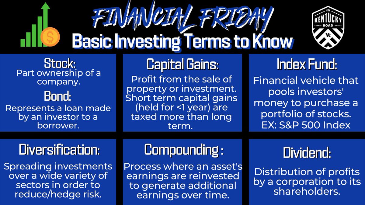 TheKentuckyRoad's tweet photo. Happy #FinancialFriday Wildcats! You don't have to know everything to start investing, but there are some basic terms you want to have in your investing arsenal. Lets take a look at a few! 

#TheKentuckyRoad https://t.co/dpBrQa0YdL