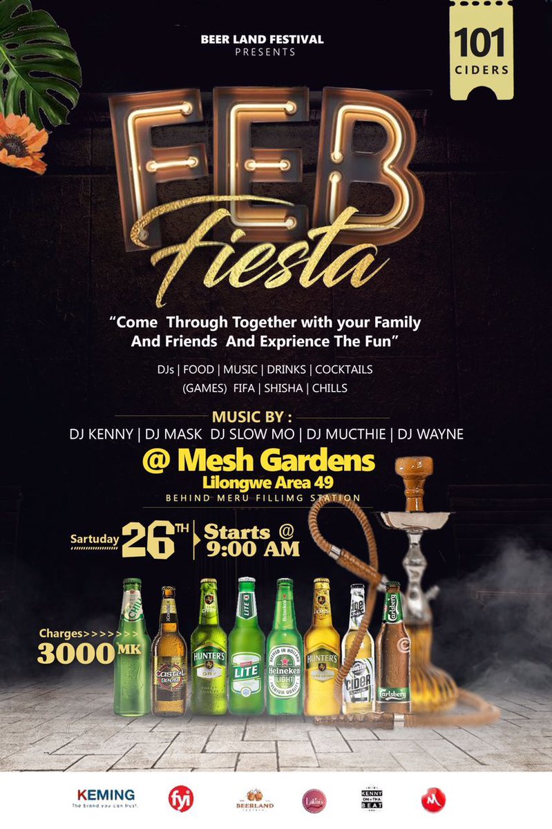 AmeTitus's tweet photo. Enjoyment Assured...... Come through Mawa @ 9:00AM
Mesh Garden Area 49
MWK 3,000
#FebFiesta #LilongweBeerLand https://t.co/PuvRxEp1Bt
