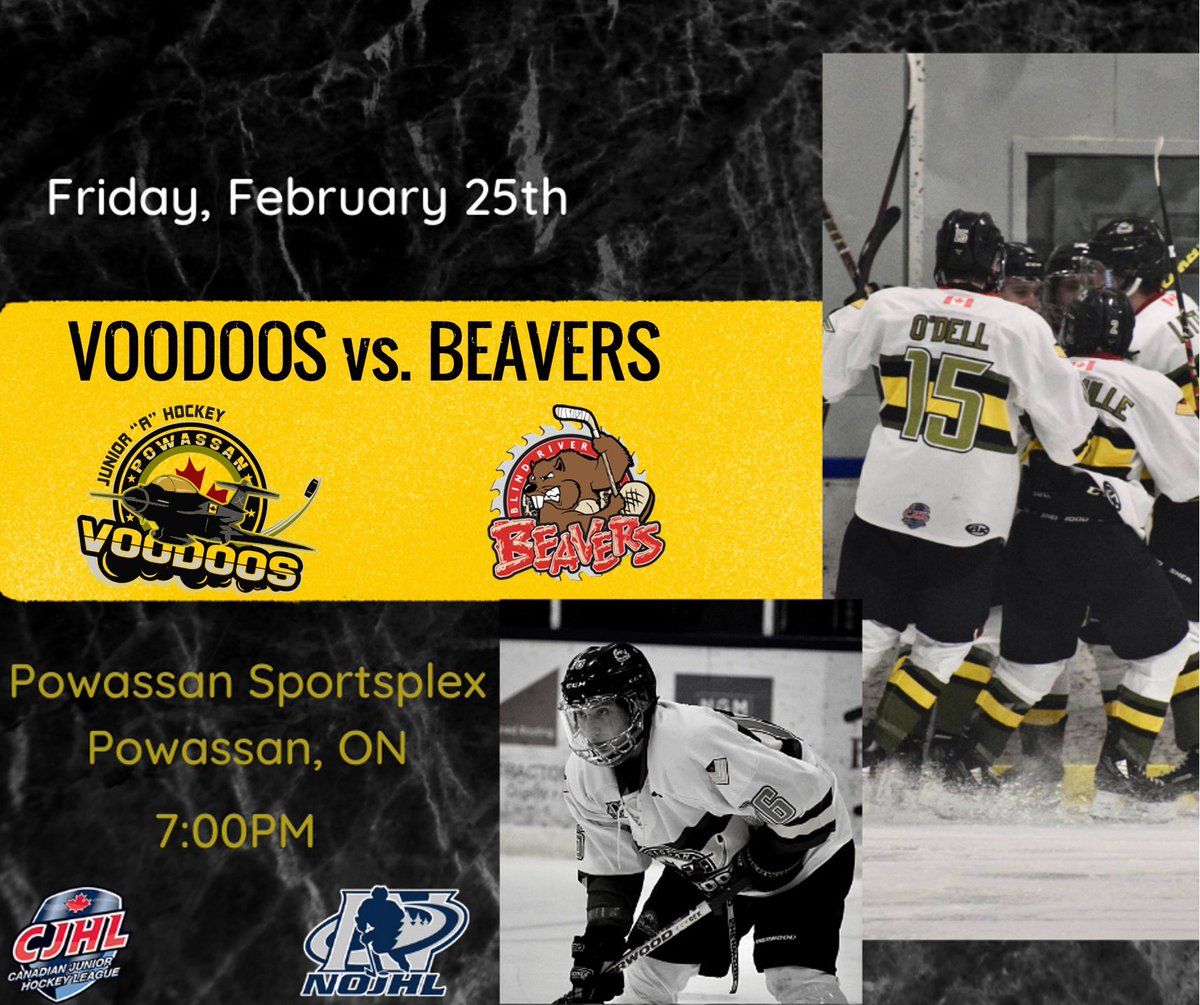 VoodoosNOJHL's tweet photo. It’s GAME DAY! The Voodoos return home to the Powassan Sportsplex and take on the Blind River Beavers!
🆚: @BeaversNOJHL
🕖: 7:00PM
🏟: Powassan Sportsplex
📺: @MyHockeyTV
#️⃣: #FindAWay | #POWvsBR https://t.co/PpM25gNXq2