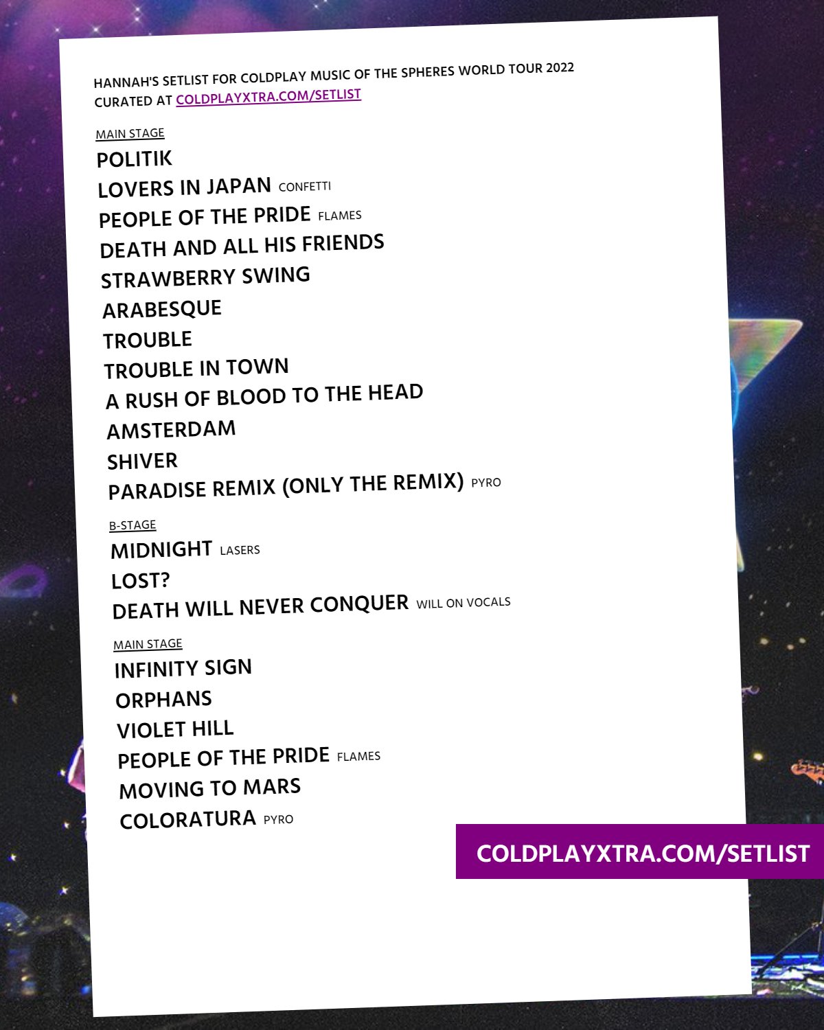 X \ Hannah 🐈 على تويتر: "the locals would hate my dream Coldplay setlist  https://t.co/00GQ1uOWhU"