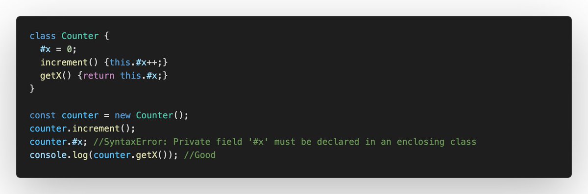 _gpatel's tweet image. While doing much #TypeScript lately, almost forgot about this #javascript gem- private class fields, which are private at runtime, unlike TS `private` access modifier. All browsers and @nodejs support it. TS@3.8 added it too. I believe TS uses WeakMap underneath. #ESNext