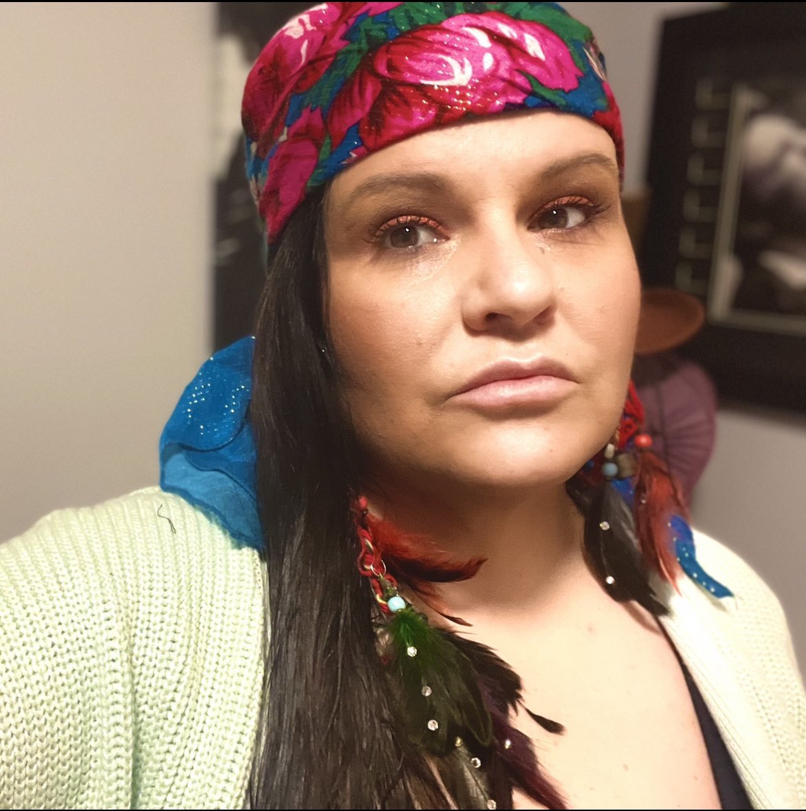 Wearing my “khustka” or “Kohkum scarf” in solidarity with Ukraine. Indigenous helped Ukrainian settlers here &amp; we’ve always had friendships &amp; respect because we both know hardship. Ukrainian women gave these floral scarfs to native women &amp; they’re now embedded into our culture💕