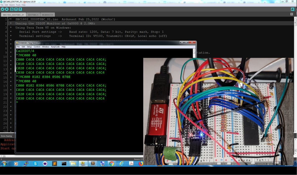 Arduining's tweet image. COSMAC 1802 &quot;IDIOT&quot; monitor Software running in the Emulated #SBC1802
CLOCK= 2.0MHz, 1200 baud Serial Terminal.
#stm32duino #stm32f4 #COSMAC #CDP1802 #retrocomputer