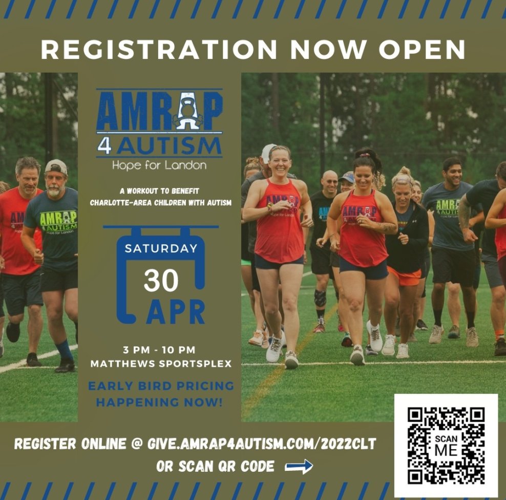AutismStrongFdn's tweet image. 📢Thrilled to announce that REGISTRATION is OPEN for our annual *AMRAP 4 AUTISM* event in Charlotte, NC! Want to take part in the event? We'd love to see you there! 
➡️April 30th, 2022
➡️3pm-10pm
➡️Matthews Sportsplex
➡️On-site registration: 
give.amrap4autism.com/2022clt