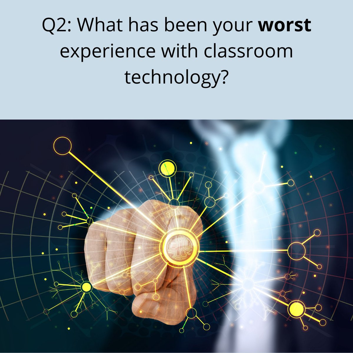 blaunius's tweet photo. Q2: What has been your worst experience with classroom technology? #Reddie4Tech https://t.co/YUYoIkSUBG