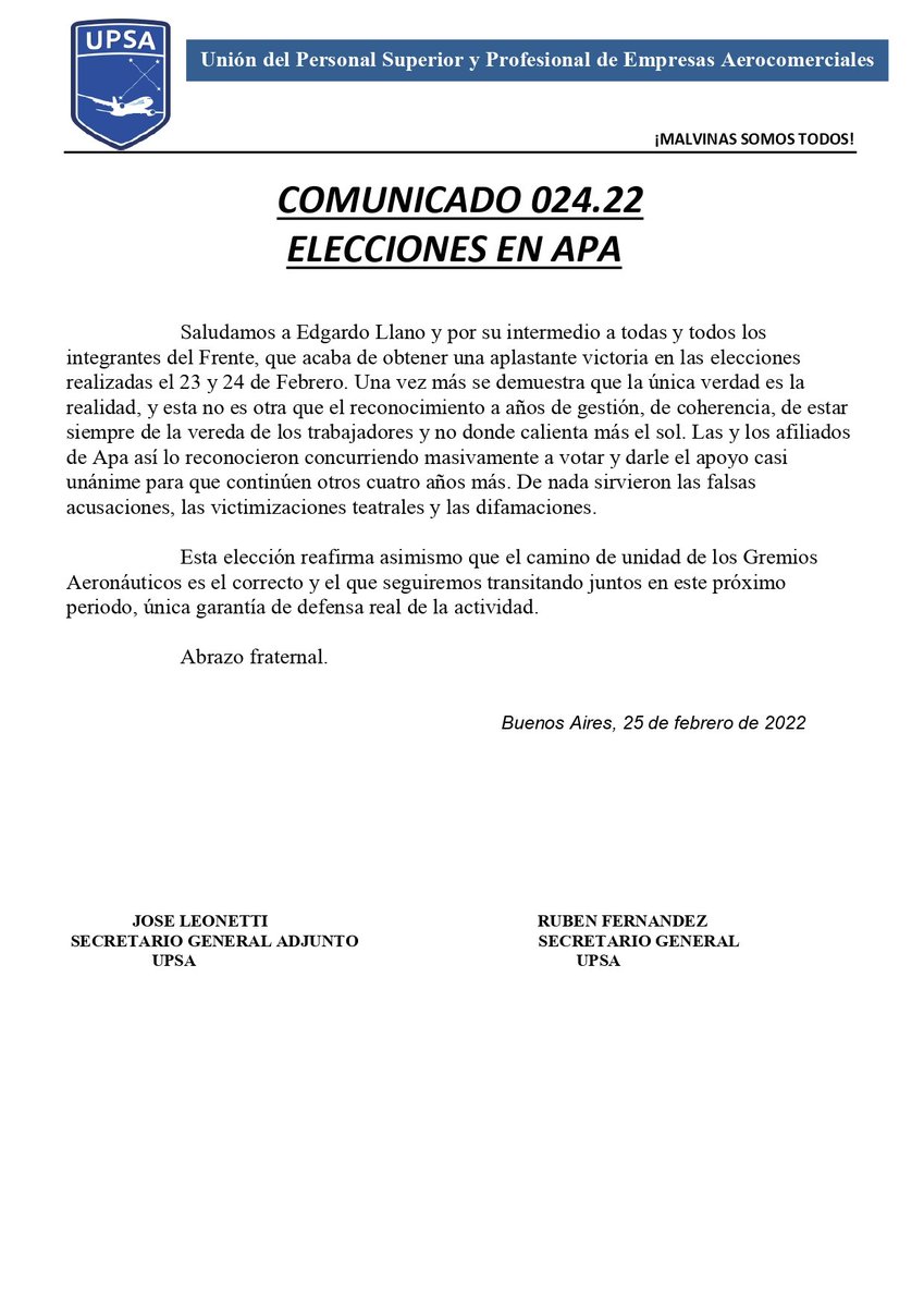 Saludamos a <a href="/edgardollanoapa/">Edgardo Llano</a> y a quienes componen la lista por su nuevo triunfo en las elecciones de <a href="/APAERONAUTICOS/">APA</a> 👏