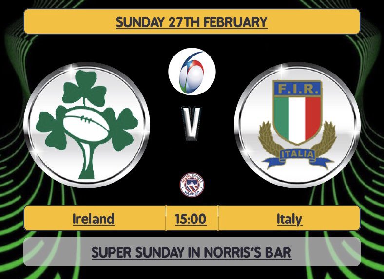 Super Sunday Sport. ALL the sport football, rugby, gaa, racing at the same time.3pm,Rugby Ireland v Italy on the Big Screen. 4.30pm. LC Final Liverpool v Chelsea.*note Ireland takes priority on big screen. Our drink prices go up this weekend,3 for €14 which is still great value.