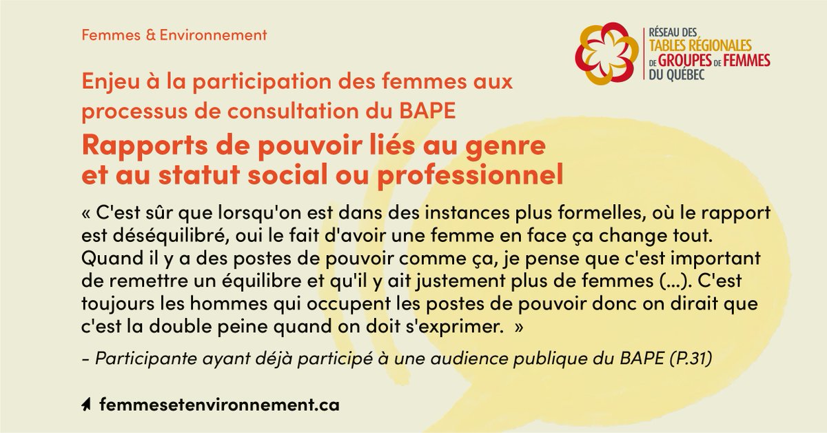 Réseau des Tables régionales de groupes de femmes (@rtrgfq) on Twitter photo Il y a encore du chemin à faire pour favoriser la participation des femmes aux processus de consultation du <a href="/BAPE_Quebec/">Bureau d'audiences publiques sur l'environnement</a>. Consultez l'analyse et le rapport complet ici : femmesetenvironnement.ca
#femmes #environnement #femmesetenvironnement Il y a encore du chemin à faire pour favoriser la participation des femmes aux processus de consultation du <a href="/BAPE_Quebec/">Bureau d'audiences publiques sur l'environnement</a>. Consultez l'analyse et le rapport complet ici : femmesetenvironnement.ca
#femmes #environnement #femmesetenvironnement