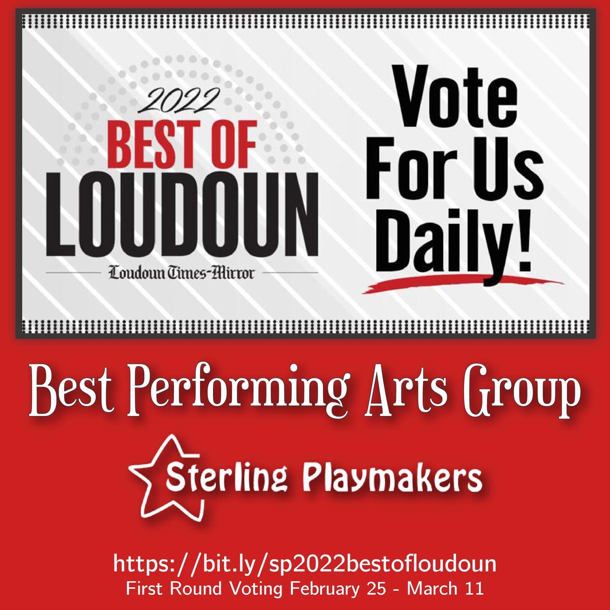 SPlaymakers's tweet photo. The first round of voting starts today for Loudoun Times-Mirror's Best of Loudoun 2022. Please vote for us every day between now and March 11 to help us make it to the finals!

https://t.co/3sSY3av6Hb https://t.co/IOabnxv3N9