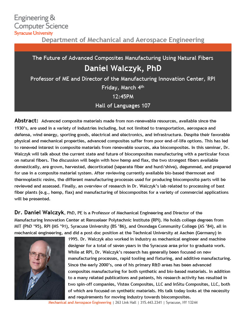 MAE Graduate Seminar 3/4- Dr. Daniel Walczyk