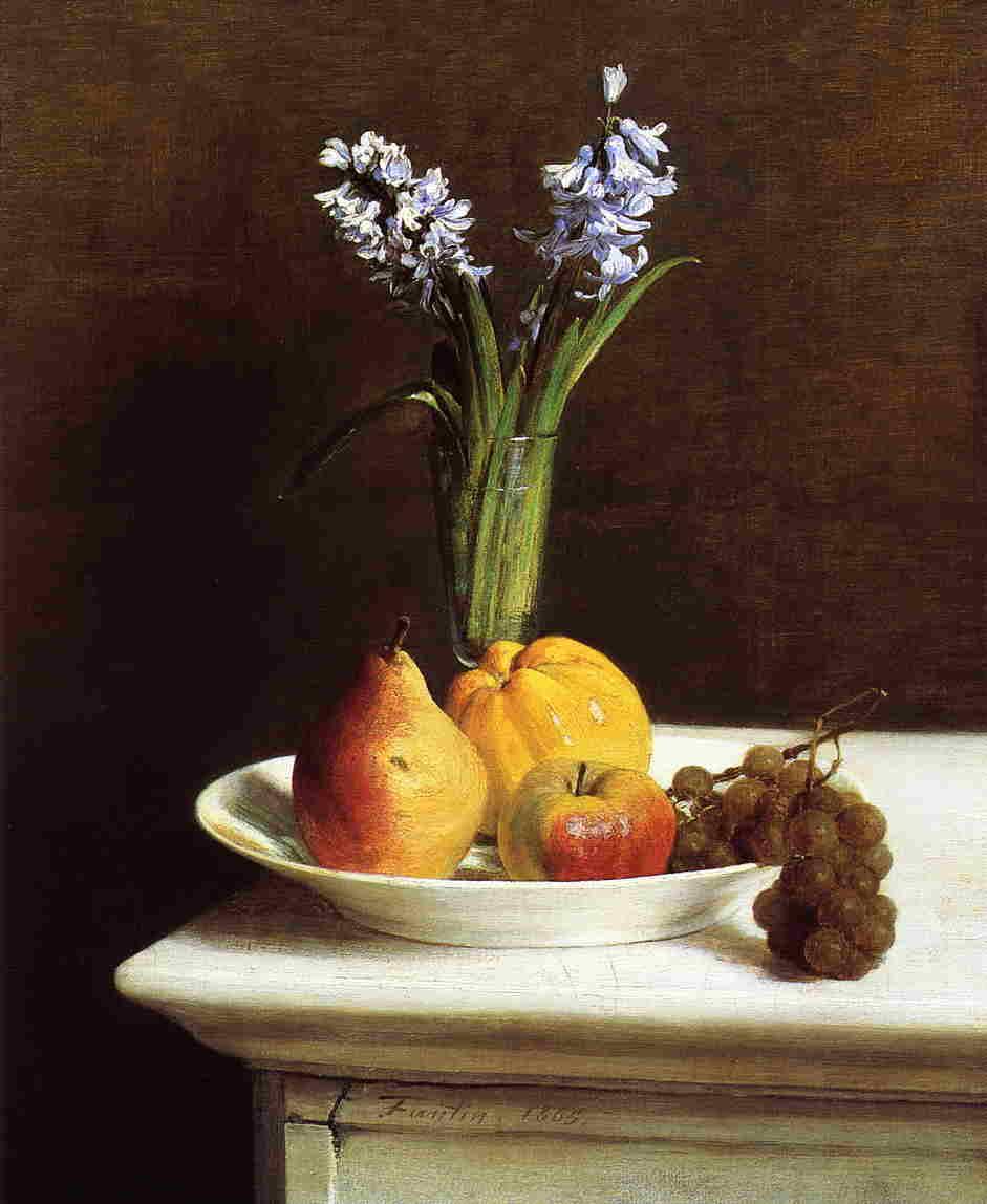 Still Life Hyacinths and Fruit, 1865 #realism #henrifantinlatour