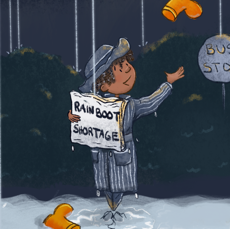 CayCreates's tweet image. Close-up of the headline holder from my spread for SVSLearn's Feb Critique Arena prompt. What could be worse during a record breaking rainfall than a rain boot shortage? (I mean, if you're writing for kids, that is... ;) ).

#kidlit #kidlitart #illustrat

cayleencreates.com/2022/02/25/ril…