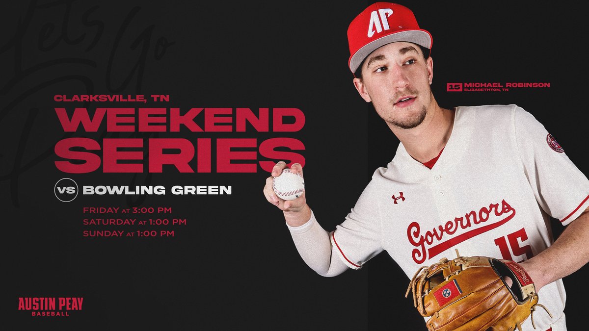 GovsBSB's tweet photo. The Govs kick off their three-game series against Bowling Green at 3 p.m.! 🎩⚾️

🆚 | Bowling Green
🕒 | 3 PM
📊 | https://t.co/mCfIgNd6mf
📻 | https://t.co/93FIh5GWvN
📺 | https://t.co/eTRNpasWrT
🗞️ | https://t.co/EZyH5m1b9q
🗒️ | https://t.co/qNPMezUzHW

#LetsGoPeay https://t.co/4WOBIExfMi