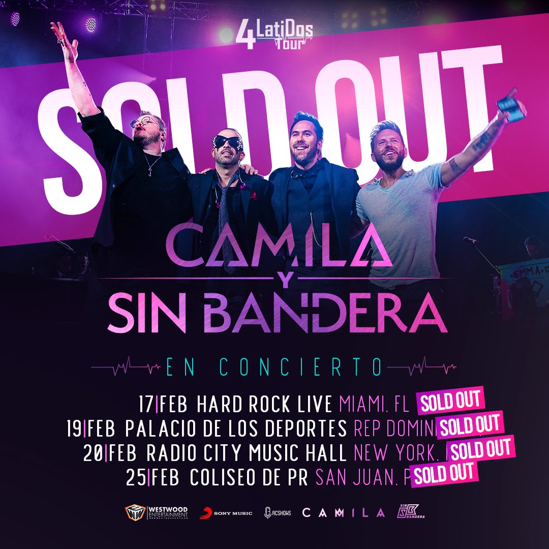 CamilaMX's tweet photo. Una vez más estamos SOLD OUT!!!
Gracias a cada uno de ustedes que han comprado un boleto y nos han acompañado en estos shows! 
Nos vemos esta noche Puerto Rico!!! 🤘🏻🇵🇷 #4LatidosTour https://t.co/GGfr0tIeh2