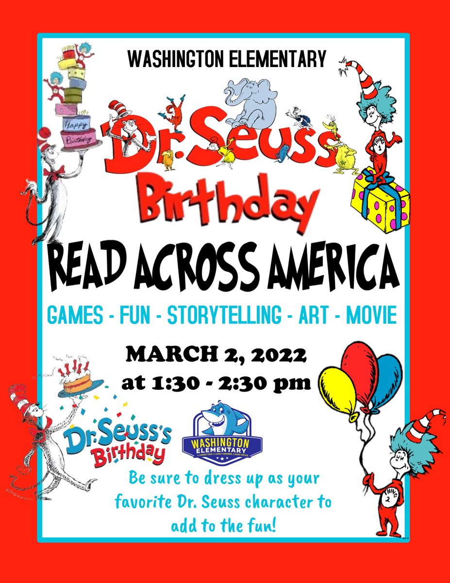 WashingtonElem5's tweet photo. Whose ready to celebrate Dr. Seuss Birthday? 
Read Across America Day March 2nd! 
Let’s Celebrate Reading 📚
#DrSeussBirthday @NorthRegionELA @Area4SuptPBCSD @iTeach_JGS https://t.co/4rPBMM7DqS