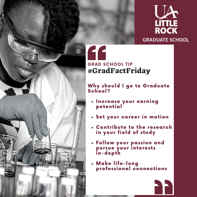 UALRGradSchool's tweet image. Happy Friday! Check out our latest grad school tip for graduate students. Apply today and use code GRFREE7 to waive the application fee. Follow us on Twitter at UA Little Rock Graduate School.
#GradFactFriday